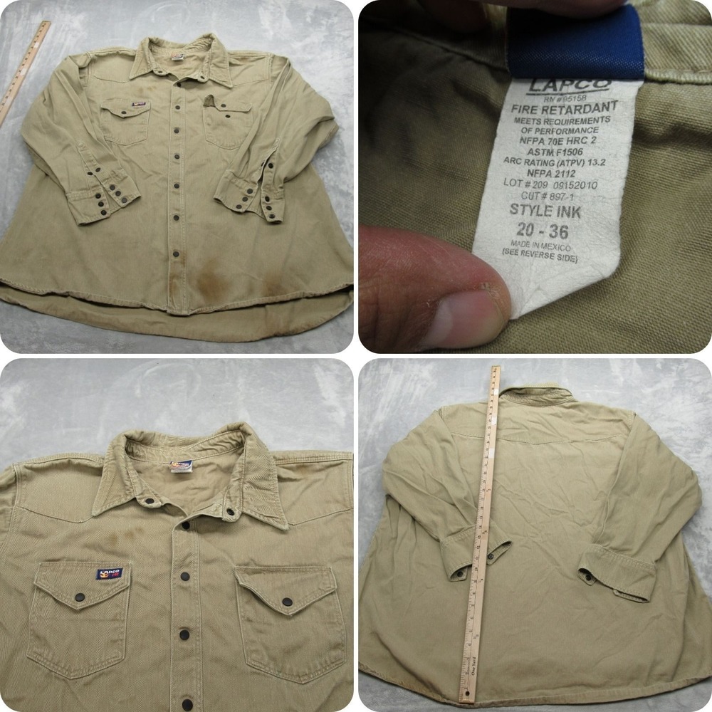 LAPCO‎ FR Shirt Mens XXL Tall Beige Fire Retardant Snap Front Safety Work READ